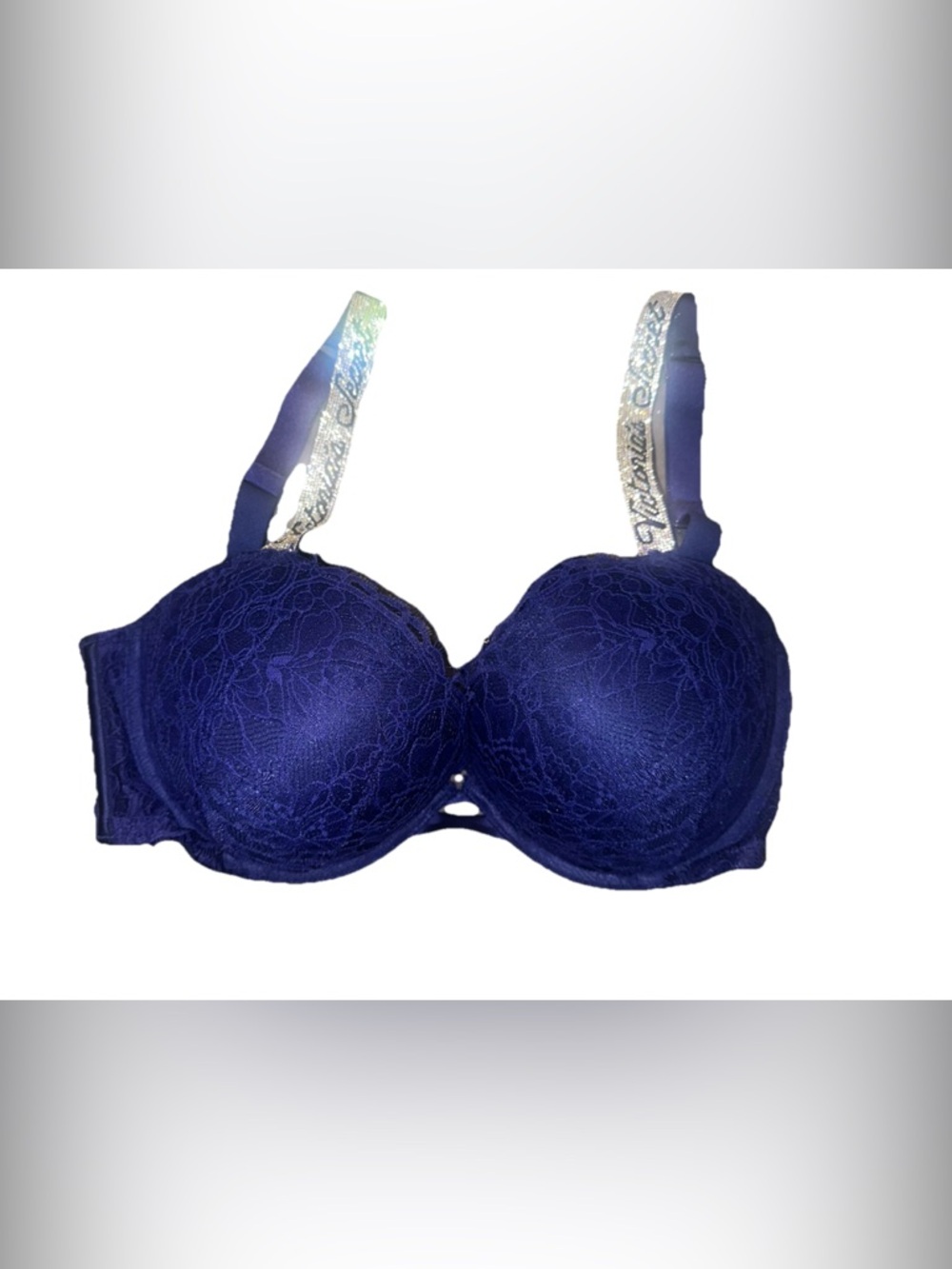 Victoria's Secret Navy Lace Push-Up Bra with Rhinestone Decorative Straps
